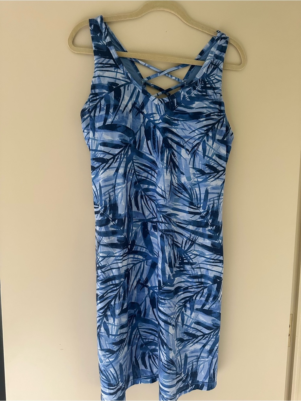 Blue Tropical Print Crisscross Strap Dress